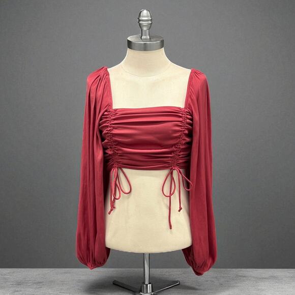 Free People Women's Pink/Red Ruched Drawstring Balloon Sleeve Top XS - Picture 1 of 15